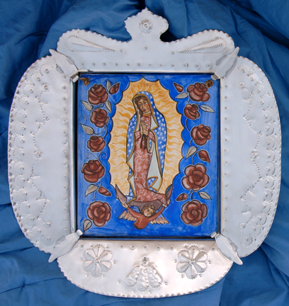 Finished collaborative Nuestra Señora de Guadalupe in tin frame